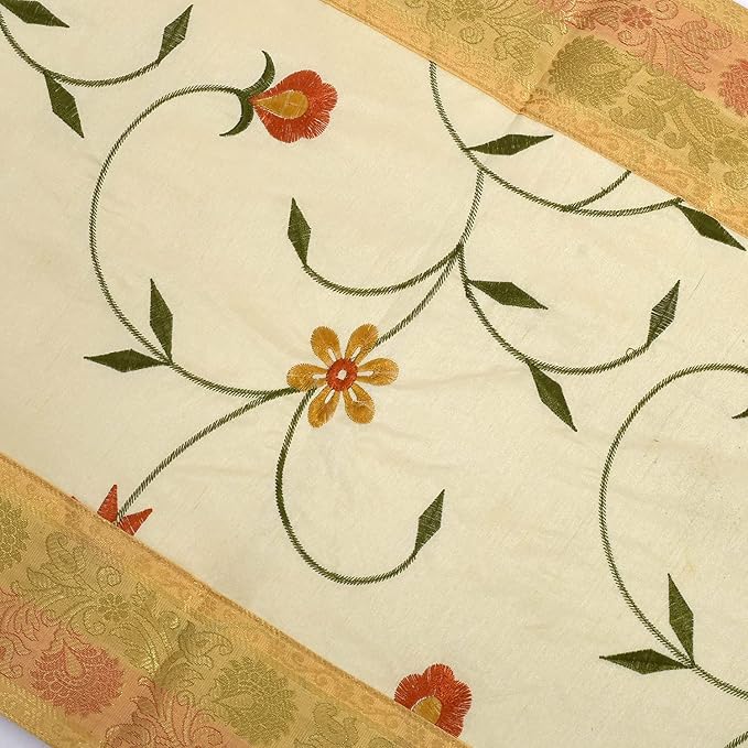 Hand Embroidered Silk Table Runner, Cream Floral Vine Design Decorative Table Linen for Dining Table, Kitchen, Coffee Table, Console, Wedding Reception, Birthday & Home Décor, 60 x 16 Inches - Image 4