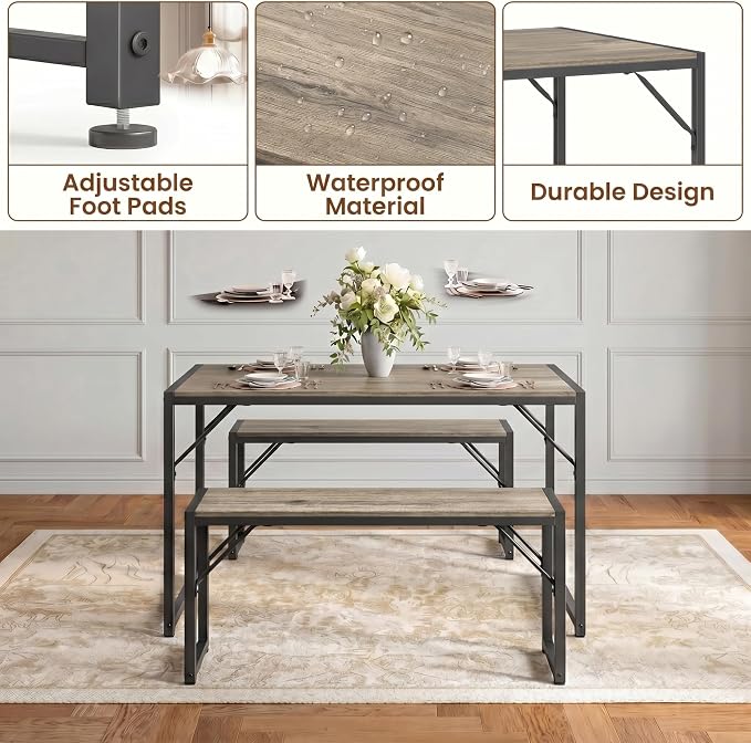 Bealife Dining Table Set for 4 with Metal Frame and MDF Board - Grey | Space Saving Kitchen Table with 2 Benches, Kitchen Table Set for Apartment, Dining Room, Breakfast Nook - Image 5