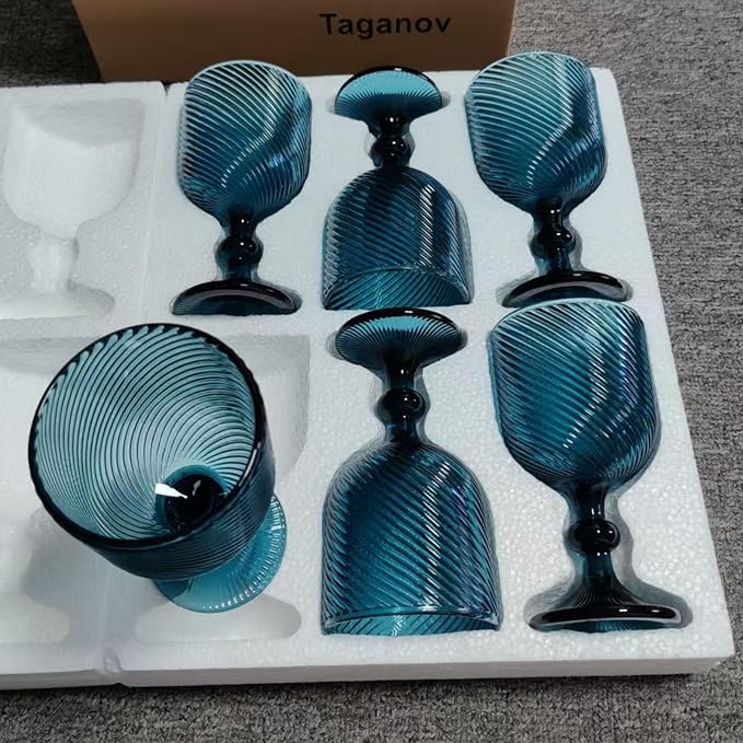 Taganov Blue Water Goblets Glassware Vintage Wine Glasses set of 6 Stem Glasses Drinking Stemware 12 Ounces for Wedding Party Bar Twill pattern 350 ml - Image 8