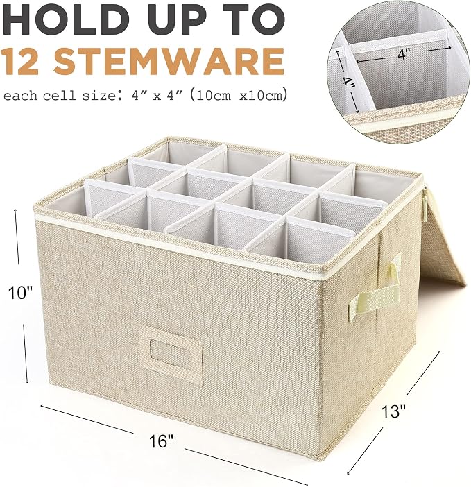 LotFancy Stemware Storage Container for Moving, Hard Shell, Stackable Wine Glass Storage Box with Dividers & Handles, Crystal Glassware, Champagne Flute, Drinkware Case, Beige - Image 3