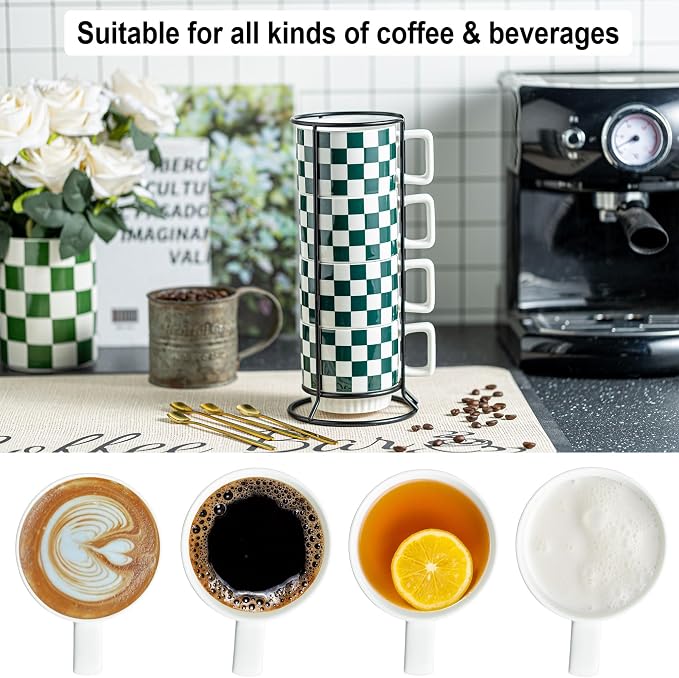 Miamolo Coffee Mugs with Stand and Spoons, Stacking Space-saving | 11oz, Set of 4 | Checkered Coffee Mug with Rack | Housewarming Birthday Gift | Dishwasher Safe | for Home Kitchen Office - Image 4