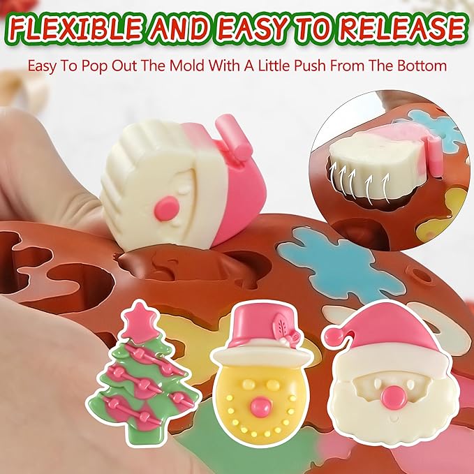 4Pcs Christmas Chocolate Molds, 14-Cavity Silicone Candy Baking Molds Snowflake Cane Snowman Santa Claus Christmas Trees Gingerbread Man Gift Box Shape Mold for Candies, Ice Cubes, Wax Melts
