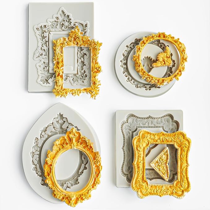 HKNMTT Picture Frame Molds Silicone Baroque Vintage for Fondant Candy Clay Covered Oreo Cake Photo Decorating Cupcake Toppers, 4 Shaped Round Square Frame Moulds Craft DIY Supplies Set by HKNMTT