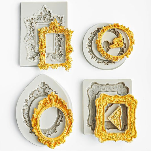 HKNMTT Picture Frame Molds Silicone Baroque Vintage for Fondant Candy Clay Covered Oreo Cake Photo Decorating Cupcake Toppers, 4 Shaped Round Square Frame Moulds Craft DIY Supplies Set by HKNMTT