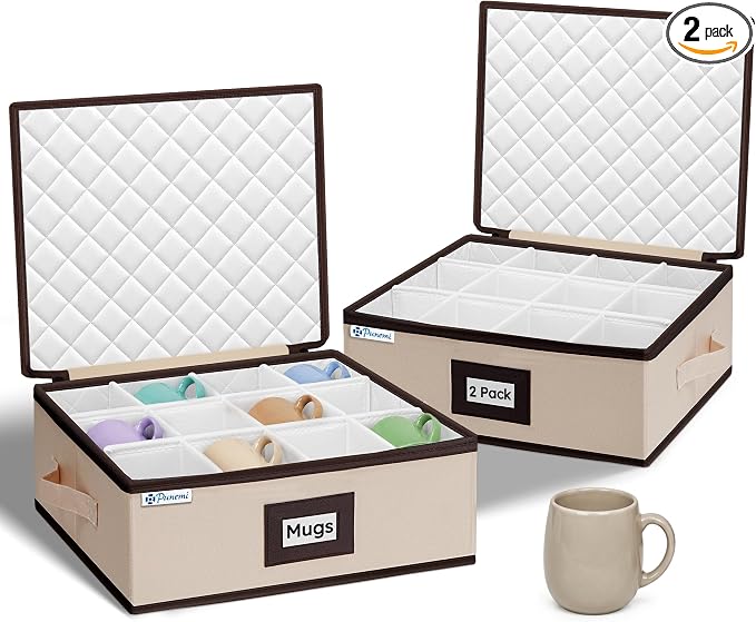 punemi Mug Storage Organizer, 2-Pack Hard Shell Boxes for Packing & Moving | Padded dividers, stackable design and carry handles for coffee mugs, tea cups and china storage, beige by Punemi