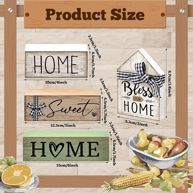 Moucuny 4 Pcs Wooden Farmhouse Table Decor Rustic Home Sweet Home Stacked Blocks Decoration Farmhouse Tiered Tray Decor Decorative Eucalyptus Block Signs Bless Gift for Kitchen Shelf Coffee Table - Image 3