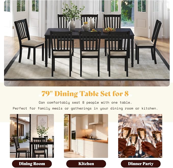 AMERLIFE 9 Piece Farmhouse Dining Table Set with 79" Rubberwood Table, Grey | Solid Rubberwood Frame, 8 Upholstered Chairs, Roman Conical Legs, Seating for 8 - Image 7