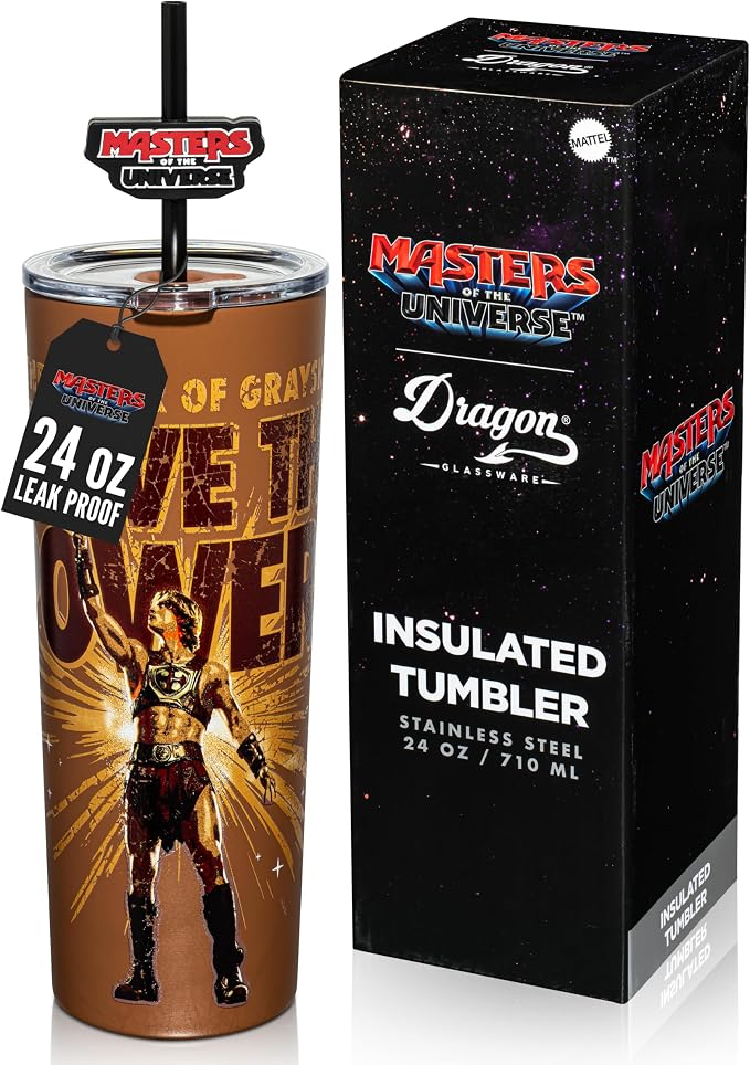 Dragon Glassware x Masters of the Universe Tumbler, 24oz - I Have the Power | Vacuum Insulated Stainless Steel Tumbler with Straw & Lid; With Straw Topper; Official Masters of the Universe 2026 Movie Cup by DragonGlassware