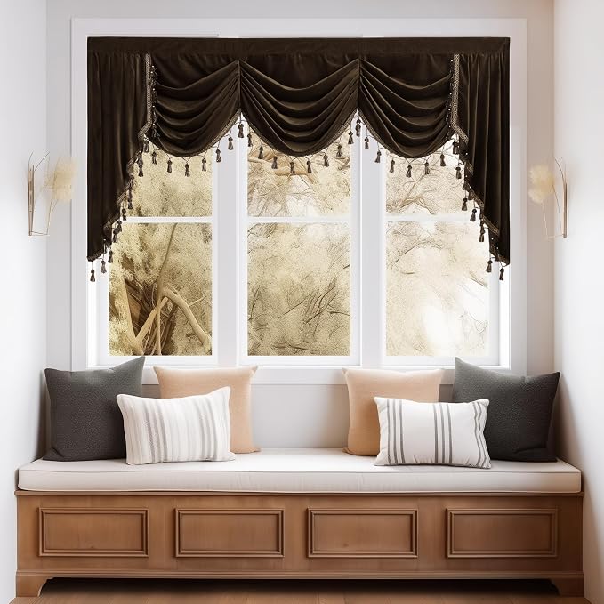 Brown Waterfall Valance Curtain for Living Room W79 inches, 1 Panel | Luxury Thick Velvet Fabric, Light Blocking Privacy Tiers, Extra Wide Window Drapes for Kitchen, Dining Room, Bay Window by StangH