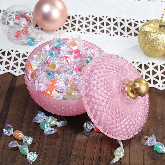 Joeyan 12 oz Small Pink Glass Jewelry Box Jars with Lid,Embossed Glass Candy Dishes,Diamond Faceted Food Container,Decorative Apothecary Canisters,Colored Kitchen Bathroom Buffet Storage Organizer - Image 3