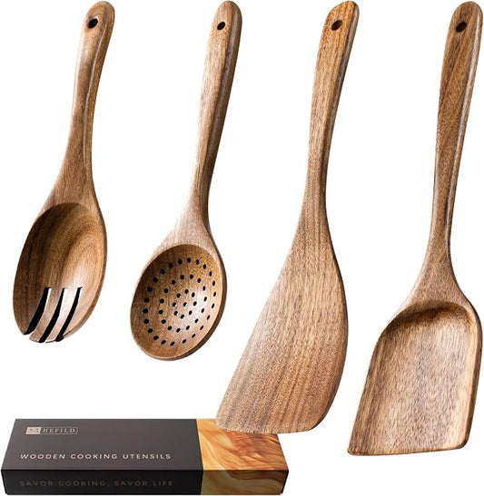 Wooden Spoons for Cooking, 4-Piece Acacia Wood Cooking Utensil Set | Spoons and spatulas stir, mix, flip and serve; balanced handles offer control while staying gentle on nonstick cookware. by HEFILD