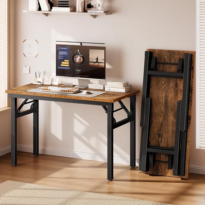 DlandHome 35.8 Inch Small Folding Computer Desk for Home Office, Retro | Foldable Writing Table for Small Spaces Bedroom, No Assembly Required, Wood Top Metal Frame, Collapsible Compact Easy Storage - Image 5