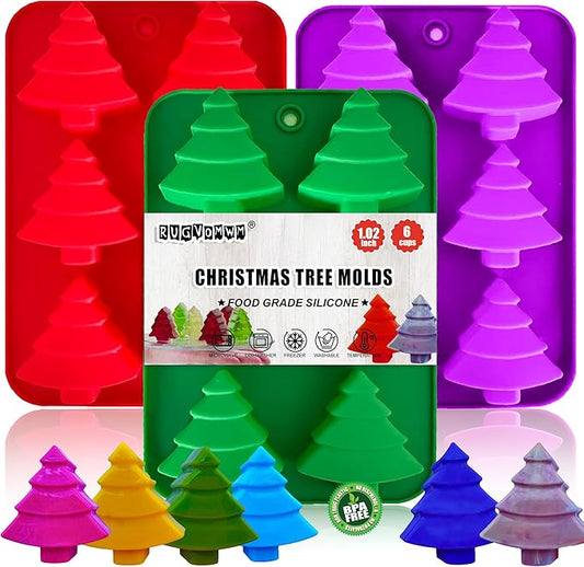 3 Pack Christmas Tree Silicone Molds,6 Cavity Baking Trays Christmas Trees for Holiday Candies,Gummy,Chocolates and More - Red, Green, Purple