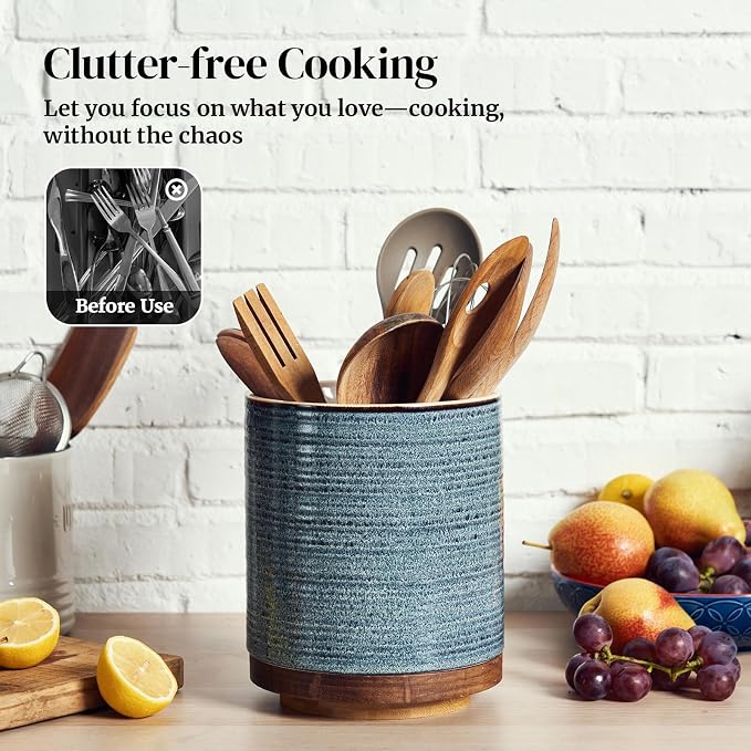 DOWAN 360° Rotating Extra Large Cooking Utensil Holder, 7.6" Kitchen Utensil Holder for Countertop, Utensil Crock for Farmhouse Kitchen Decor, Ceramic Stable Utensil Caddy, Blue - Image 5