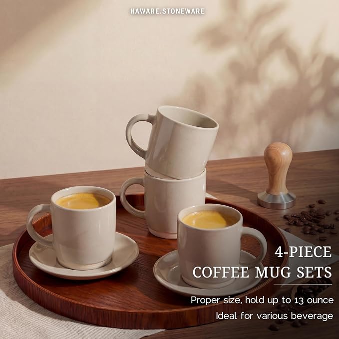 HaWare 13OZ Coffee Mugs Set of 4, Stoneware Coffee Cups | Ceramic Latte Mug, Modern Tea Mugs for Cappuccino/Cocoa/Milk, Dishwasher& Microwave Safe, Speckled Cream Coffee - Image 3