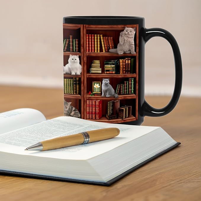 Cat Book Coffee Mug, Library Bookshelf Large Tea Cup, Black, 15oz | Ceramic, Comfortable Handle, Novelty Bookish Gifts for Book Lovers, Cat Lovers, Women, Men, Readers, Writers, Bookworms - Image 5