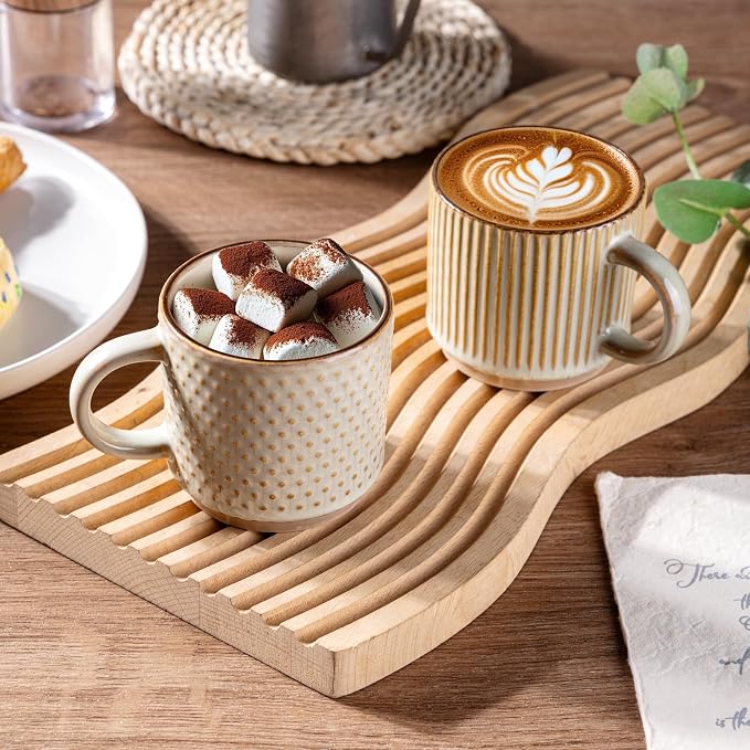 GBhome 8 OZ Stackable Coffee Mugs Set of 4, Ceramic Coffee Cups Set | 4 Assorted Designs, Embossed Mugs with Texture Patterns for Espresso/Tea, Dishwasher&Microwave Safe, Khaki - Image 6