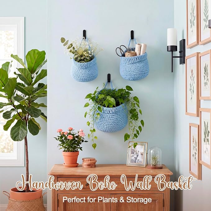 Honeydak Boho Decor Hanging Wall Baskets for Kitchen 3 Pack Teardrop Baskets with Hooks Storage Fruit Onion Vegetable Potato for Home(Light Blue,Barrel,Cotton Rope) - Image 4