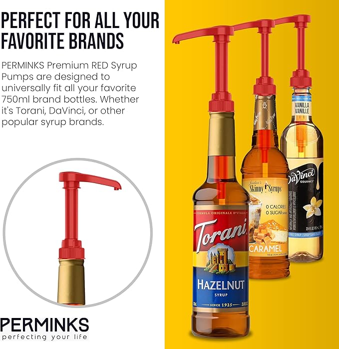Premium Syrup Pump Compatible with Torani 750 ml Bottle, Davinci Syrups - No Spill, No Clog Syrup Pump Dispenser for Vanilla, Snow Cone, Blueberry, Coffee Flavoring & More (Pack of 6, Red)