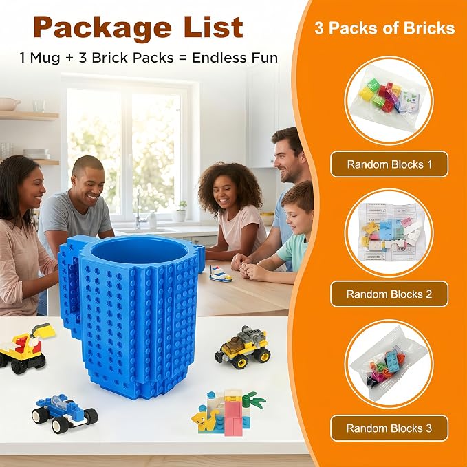 Lumsburry Build-on Brick Coffee Mug, Funny DIY Unique Novelty Drinking Cup | Building Blocks Creative Mug, for Men Women Kids Dad Mom, Present Exchange Ideas, Xmas Birthday White Elephant(Blue) - Image 4