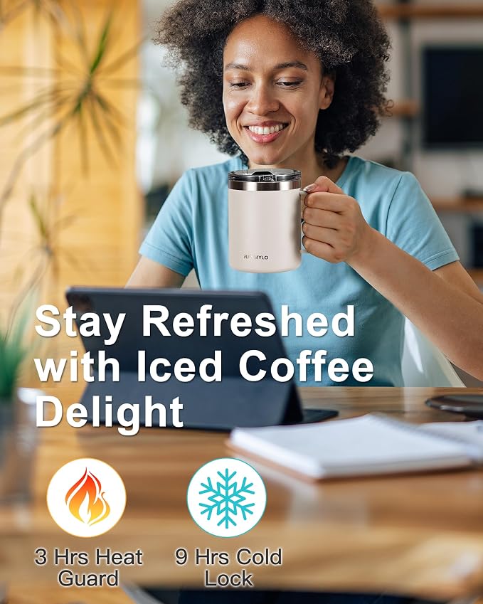 RAYMYLO Insulated Coffee Mug 12 oz, Spill-Proof & Detachable Slider Lid | Double Wall Stainless Steel with Thorough Clean Lid & Handle, Cold for 9 Hrs, Suitable for Camp Home Office - Image 4