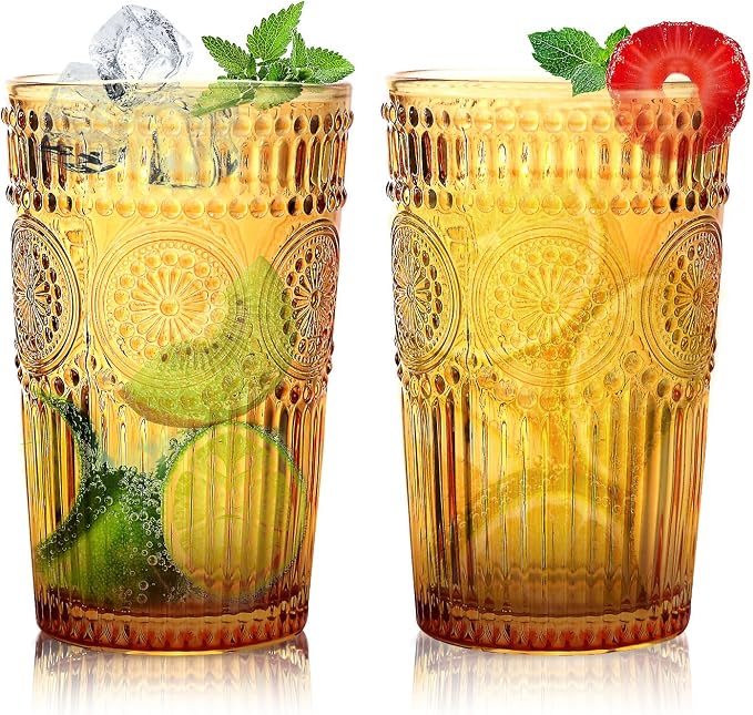 Loivttvv 6pcs Vintage Drinking Glasses Set, 12 oz Amber Highball Glasses, Embossed Ribbed Glassware Cups for Thanksgiving Cocktail, Juice, Whiskey - Image 9