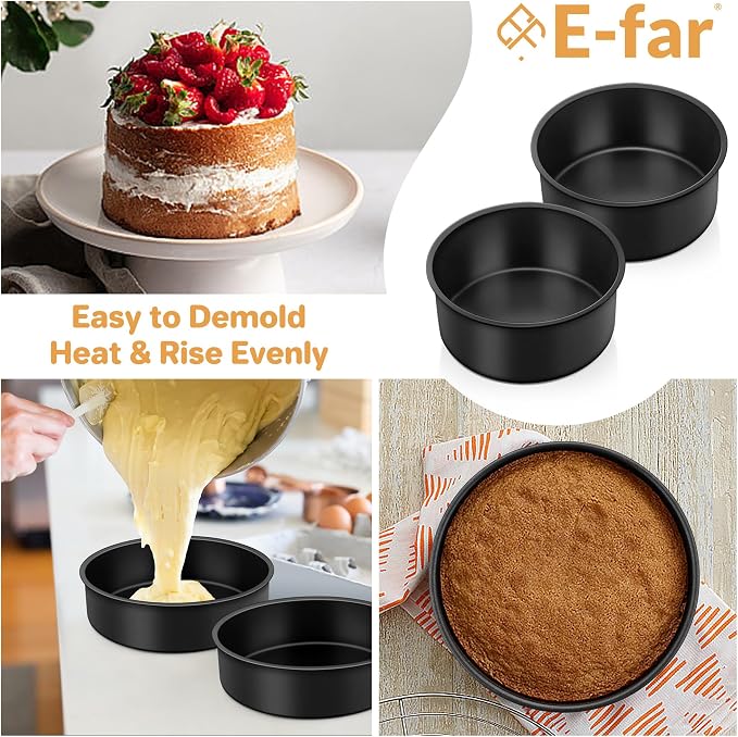 E-far 6x2 Inch Cake Pans Set, 2 Pieces Nonstick Round Cake Pans Tins for Baking Small Birthday Wedding Layer Smash Cakes, Stainless Steel Core & Nontoxic Coating, Straight Side(Black) - Image 5