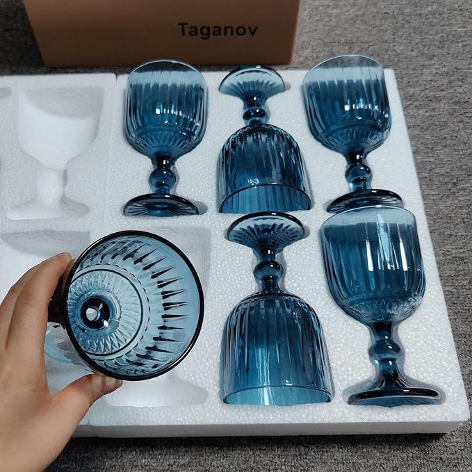 Taganov Blue Glasses Drinking Wine Water Goblets set of 6 Colored Stemware Vintage Glassware 11 ounce for Wedding Party Bar Vertical Embossed Pattern Stemmed Cups 330 ml - Image 4