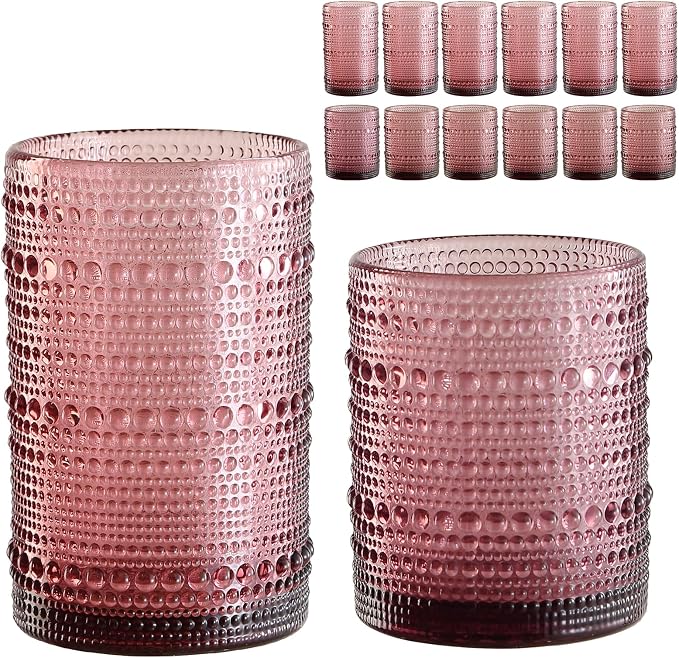 ZMOWIPDL Drinking Glasses Set of 12,Purple 12oz & 15oz Hobnail Glass Cups | Vintage Glassware，Embossed Water Tumbler,for Beer,Cocktail,Whiskey,Juice and Various Mixed Drinks- 1 Cleaning Brush by ZMOWIPDL