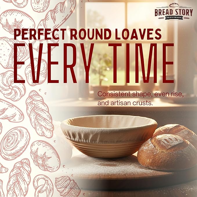 Bread Story Round Banneton Bread Proofing Basket Set – Handmade Rattan Brotform Dough Bowl with Cloth Liner, Sourdough Tools & Baking Supplies for Home Bakers – Baking Kit, 8.5 Inch