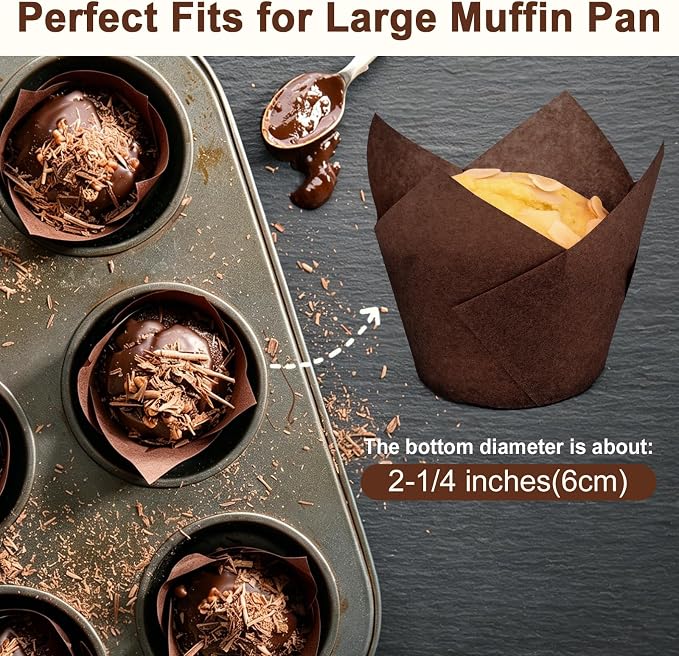 100pcs Extra Large Size Tulip Cupcake Liners for Baking Cups, Food Graded Parchment Paper Large Muffin Liners Holders, Greaseproof Cup cake Wrappers for Party, Christmas by Neyimqr (Coffee) - Image 4