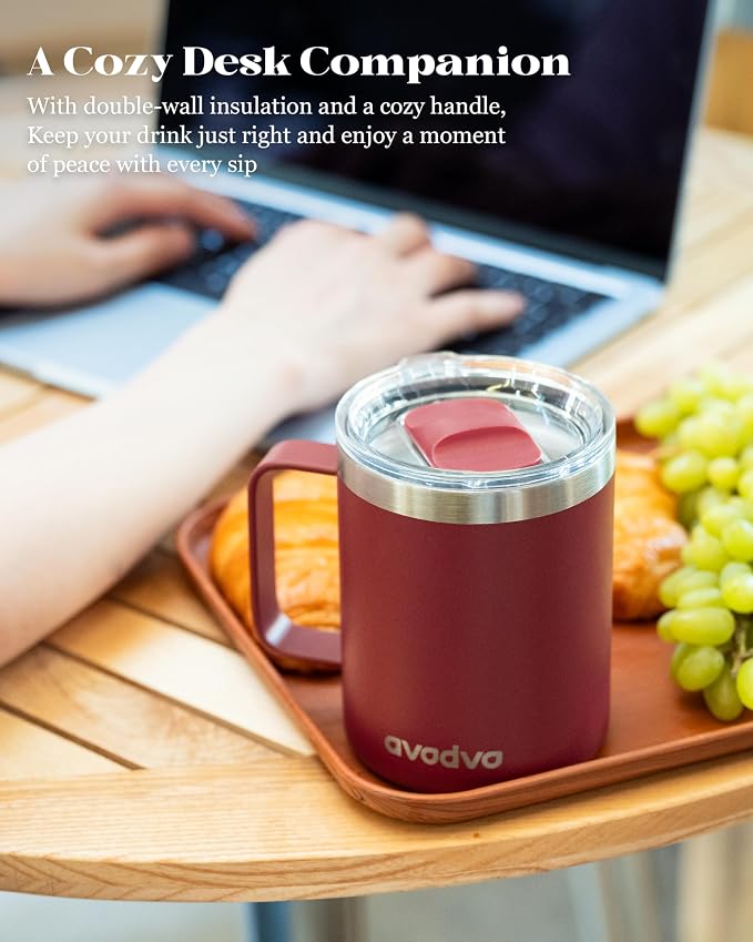 12oz Insulated Coffee Mug with Lid – Includes Two Lids, Stainless Steel Coffee Travel Mug with Handle, Double Wall Vacuum Insulated Camping Mug for Home, Office & Outdoor, Red - Image 5