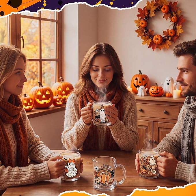 Tioncy 4 Pcs Halloween Ghost Coffee Mugs 12 oz Pumpkin Glass Cups with Handle Orange Bow Coffee Cup Horror Gifts Drinking Containers for Halloween Holiday Party - Image 5