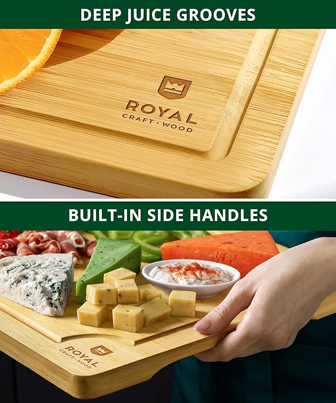 ROYAL CRAFT WOOD Wooden Cutting Boards for Kitchen Meal Prep & Serving - Bamboo Wood Serving Board Set with Deep Juice Groove Side Handles - Charcuterie & Chopping Butcher Block for Meat - Image 4