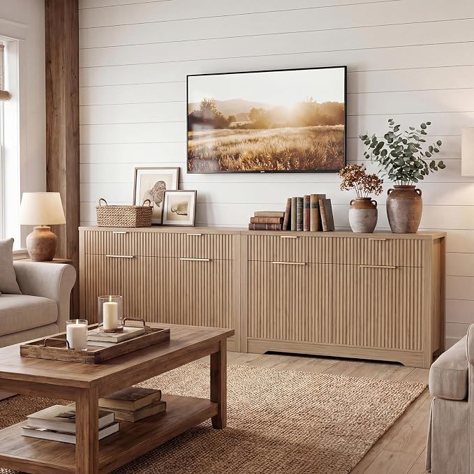 Cyclysio 55" Fluted Buffet Cabinet with Drawers, Modern Sideboard Credenza with Adjustable Shelves, Coffee Bar Table with Storage for Dining Room, Entryway, Kitchen, Natural Oak - Image 6