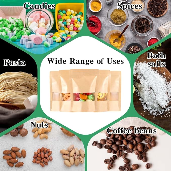 100 PCS Resealable bags, 5.5" x 7.9" Stand Up Paper Bags with Matte Window, Food Storage Bag for Packaging Products, Reusable, Sealable - Image 7