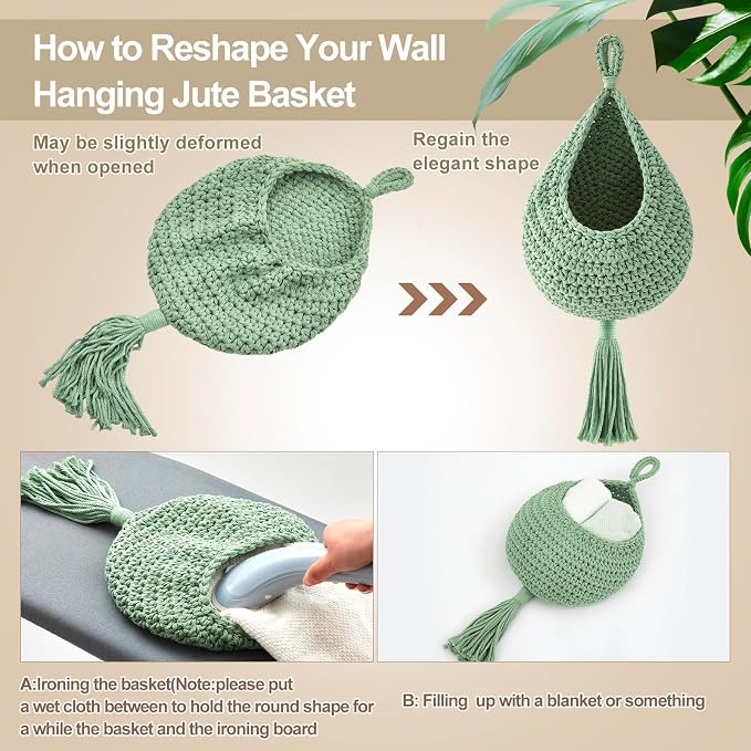 Honeydak Boho Decor Hanging Wall Baskets for Kitchen 3 Pack Teardrop Baskets with Hooks Storage Fruit Onion Vegetable Potato for Home 3 Sizes (Sage Green,Tassel,Cotton Rope) - Image 4