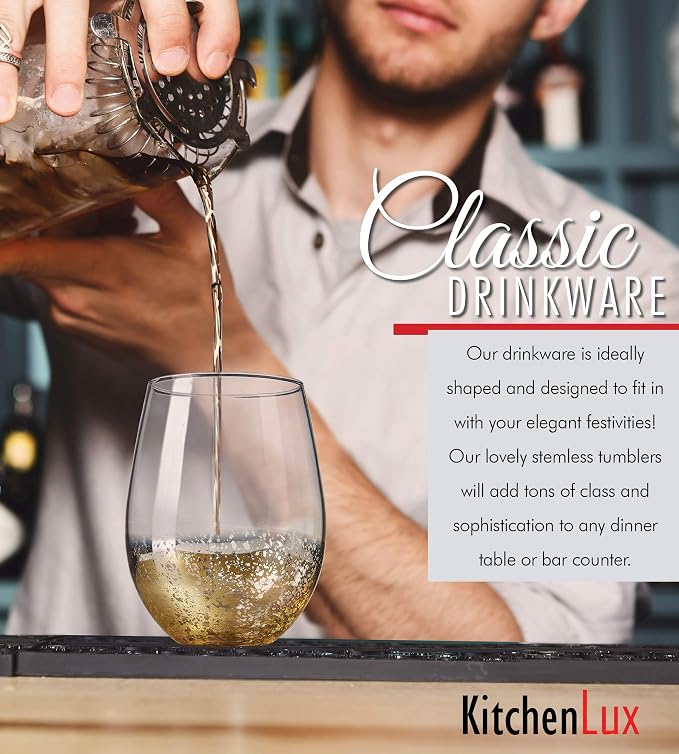 Kitchen Lux 18 oz Gold Rimmed Stemless Wine Glasses for Parties – Set of 6 Gold Wine Glass Cocktail Tumblers – Large Crystal Clear Wine Cups - Deluxe Glassware Gift for Christmas - Dishwasher Safe - Image 5