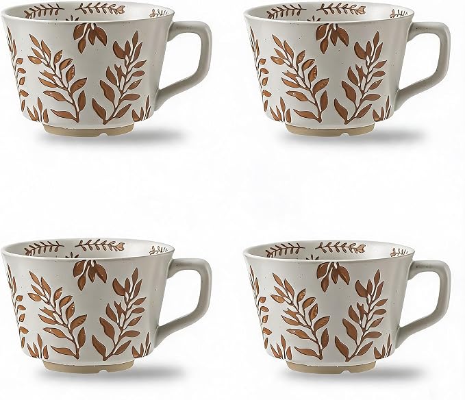 4 Pack 12oz Embossed Leaf Ceramic Coffee Mugs, Vintage Speckled Stoneware Tea Cups, Rustic Brown Spring Leaf Large Drinking Mugs, Microwave & Dishwasher Safe, Farmhouse Kitchen Decor, Gift Set by Tvvtuww