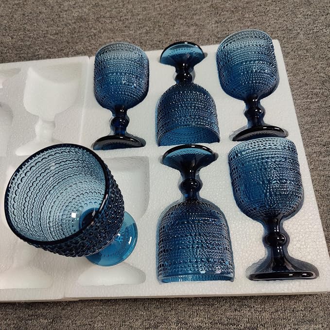 Taganov Glasses Drinking Wine Water Goblets Glassware set of 6 Vintage Stem Glasses Stemware 12 Ounces for Wedding Party Bar Twill Pattern Striped 350 ml (Blue) - Image 8