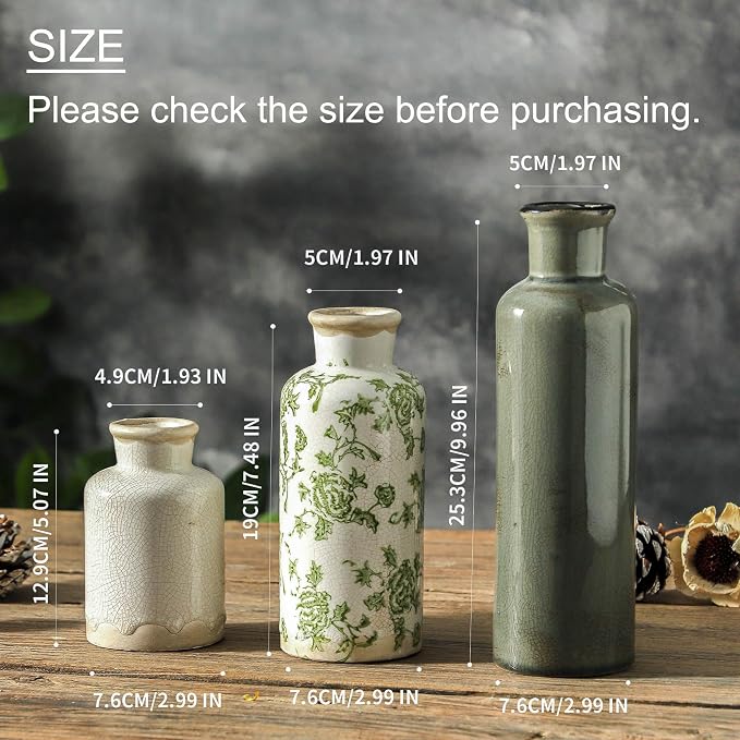 Vintage Vase Set of 3, Ceramic Vintage Flower Vases, Chinoiserie Decorative Home Decor Retro Floral Vase Rustic Farmhouse Decor for Table Bookshelf Mantel Kitchen Living Room Office - Green and Beige - Image 2