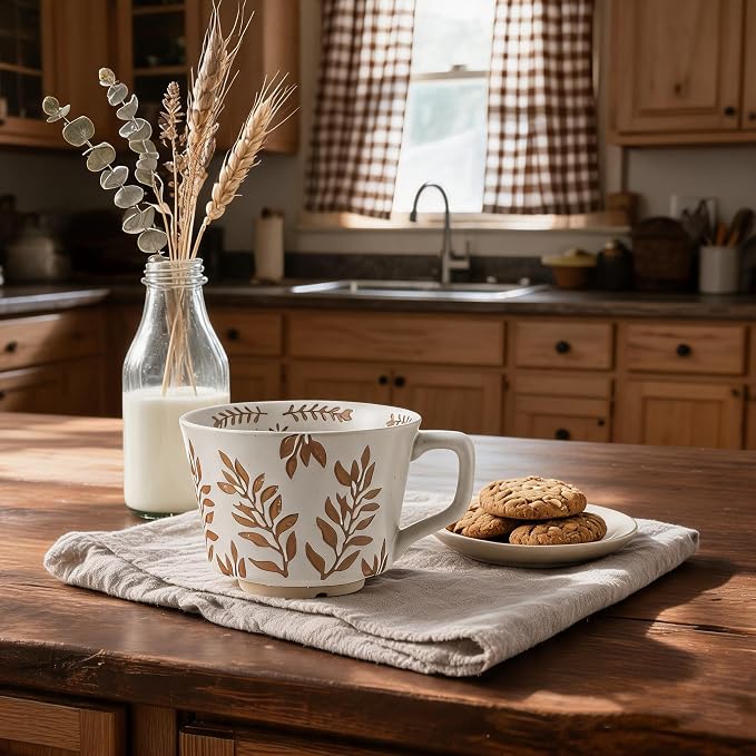 4 Pack 12oz Embossed Leaf Ceramic Coffee Mugs, Vintage Speckled Stoneware Tea Cups, Rustic Brown Spring Leaf Large Drinking Mugs, Microwave & Dishwasher Safe, Farmhouse Kitchen Decor, Gift Set - Image 2