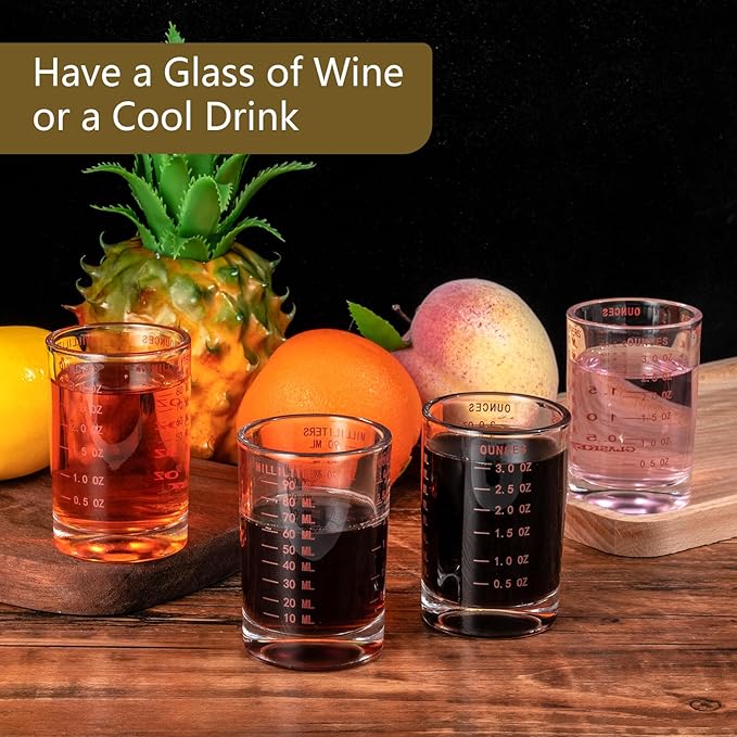 GLASKEY 2 Pack Shot Glass Measuring Cup Set,3 oz/90ml Liquid Heavy High Espresso Glass Cup,Dishwasher Safe,Measurement of Dry and Liquid Ingredients(Red)