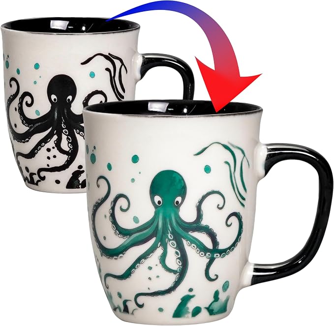 Ceramic Color Changing Cups - Funny Octopus Mug for Men, 15 oz Cool Coffee Mugs, Octopus Gifts for Men Dad Son, Father's Day Birthday Gift Idea by Asmwo
