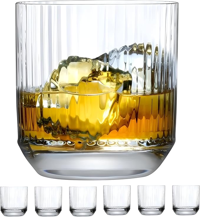 NUDE Whiskey Glasses Set of 6 DOF – 10.75 oz Premium Lead-Free Crystal Old Fashioned Rocks Glasses for Whisky, Scotch & Bourbon – Etched Linear Pattern, Dishwasher Safe Barware by NUDEGlass