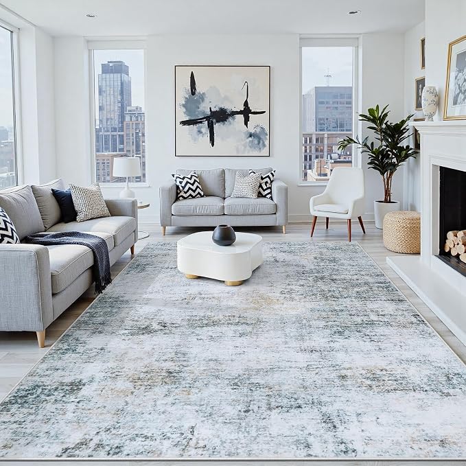 6x9 Washable Area Rug for Living Room Bedroom: Non-Slip Modern Blue Grey | Machine Washable TPR Backing, Stain-Resistant Low Pile, Pet & Kid Friendly, Abstract Decor for Dining Room, Dorm, Home Office by Oriannal