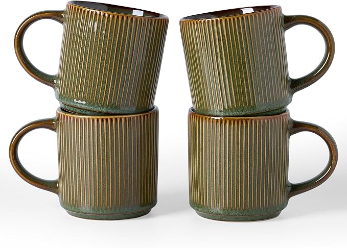famiware Coffee Mug Set for 4, Star 12 oz Catering Mugs Cup Set with Handle for Coffee, Tea, Cocoa, Milk - Ceramic Stoneware Drinkware Set, Moss by Famiware