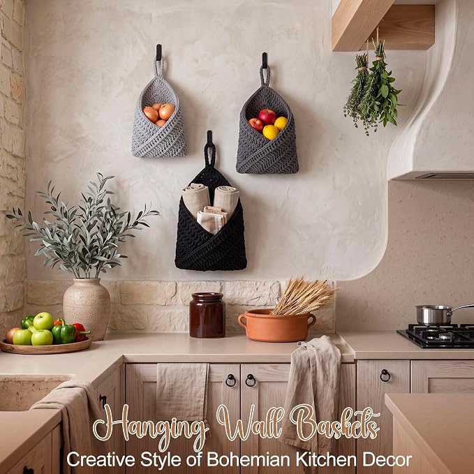Honeydak Boho Decor Hanging Wall Baskets for Kitchen 3 Pack Teardrop Baskets with Hooks Storage Fruit Onion Vegetable Potato for Home(Light Grey, White, Dark Grey,Triangle,Cotton Rope) - Image 5