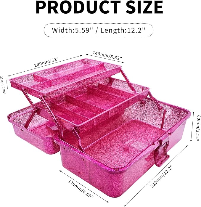 Saim Storage Bins,Three-Layer Multipurpose Art & Craft Storage Container,Carry Tackle Organizer,Medicine Cosmetic Art Supply Box for Art Supply Makeup Hair Accessories Painting Tools - Hot Pink
