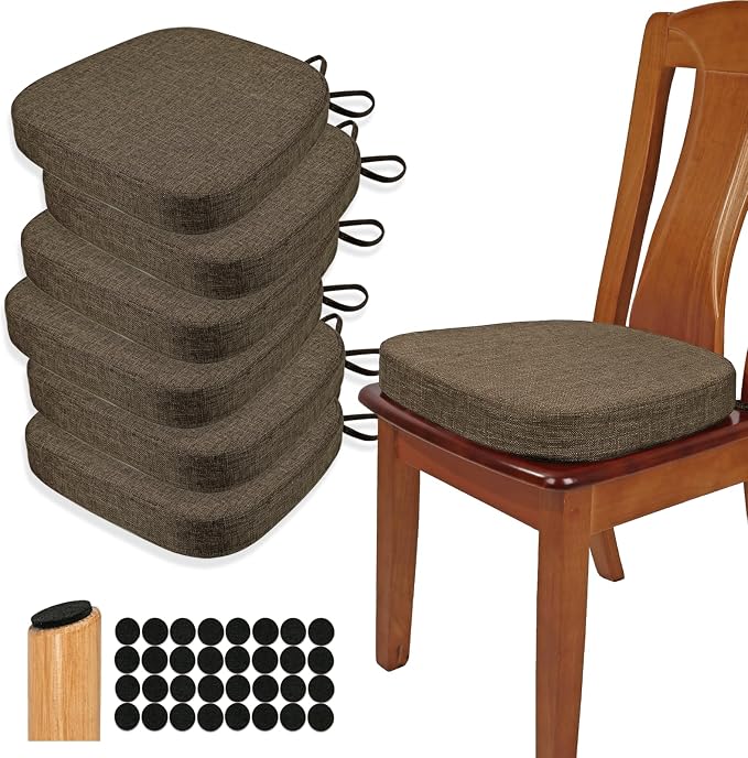 BUYUE Thickened 2.5" Dining Chair Cushions Set of 6, U-Shape High Density Foam Comfortable Chair Pads for Kitchen, Slip Resistant Indoor Seat Cushions (6 PCS, Brown) by BUYUE